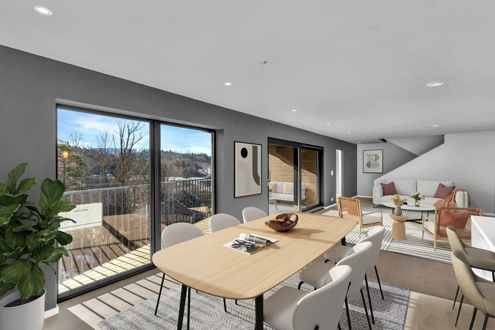 Stue og spisestue med utgang til terrasse etter renovering, Tomannsbolig Vinterbro, Vinterbro